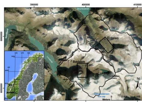 Figure 2. Geomorphological map of the Erdalen drainage basin(modiﬁed after Laute and Beylich, 2012) and location of the studyproﬁles 1) PE1 and 2) PE2.