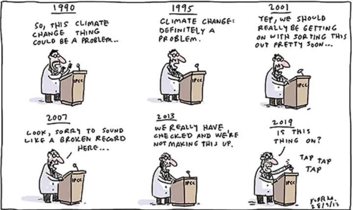 Fig. 3. Cartoon illustrating our frustration with climate impact studies of agriculture, whereby there are marginal improvements in knowledge, but much less focus on solutions and their implementation