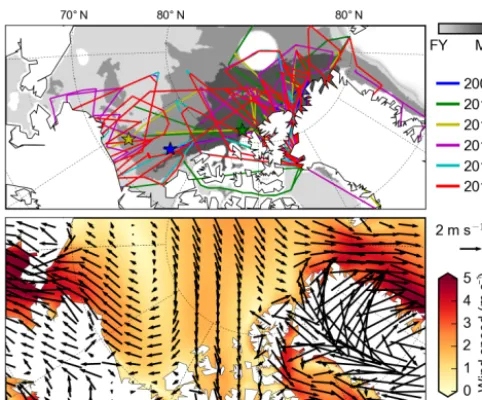 Figure 2. Top: IceBridge sea ice ﬂight lines and estimated ice typeover the western Arctic