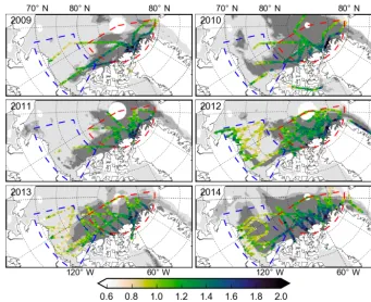 Figure 5. Surface feature height, hf, from 2009 to 2014, detected using a 20 cm elevation threshold