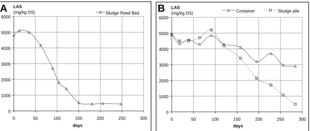 FIGURE 4  MINERALISATION OF  NPE IN DIGESTED SEWAGE SLUDGE. CONCENTRATION  (MG/KG DS) AS A FUNCTION OF TIME WITH TREATMENT IN A: SLUDGE REED BED