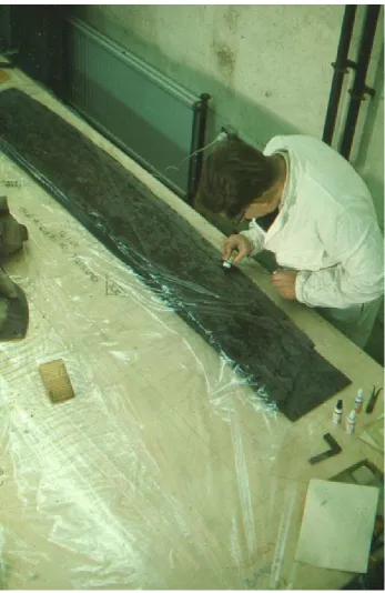 Figure 29. Archaeologist using direct contact tracing to document a plank from the Graveney boat