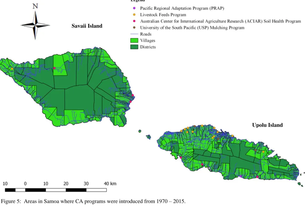 Figure 5:  Areas in Samoa where CA programs were introduced from 1970 – 2015.