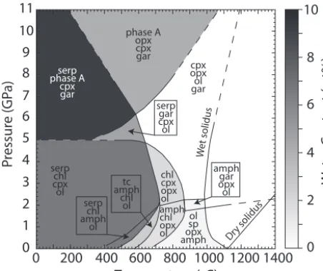 Figure 2. Water content as a function of pressure and tempera-(2005). amph: amphibole; chl: chlorite; cpx: clinopyroxene; gar:ture for mantle material of pyrolytic composition, modiﬁed fromSchmidt and Poli (1998)