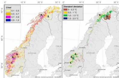 Figure 7. Left panel: distribution of modelled CVsd in non-vegetated areas of Norway with Model 3