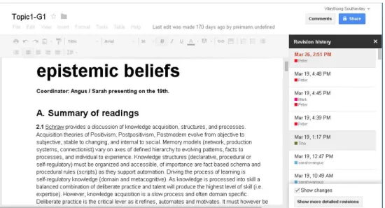 Figure 5-2. the web-based interface of revision history (on the right panel) of Google Docs,  which shows a list of revisions