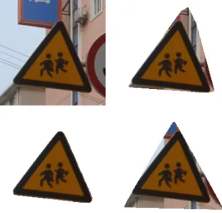 Fig. 3. Segmentation results with varying parameter r. Top left: source region of interest containing a triangle sign