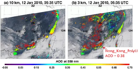 Fig. 4. Same as Fig. 3 but for a situation over Canada where the3 km product better resolves the plume from active wildﬁres