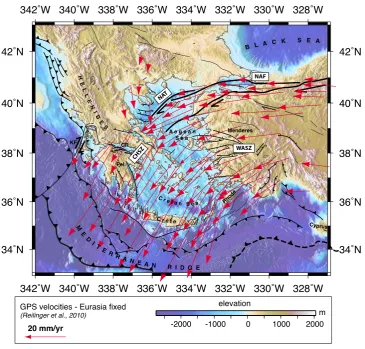 Fig. 1. Tectonic map of the Aegean and Anatolian regions showing the main active structures (after Jolivet et al., 2013) and GPS velocityﬁeld (Eurasia ﬁxed, after Reilinger et al., 2010)
