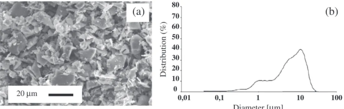Fig. 5. SiC abrasive particles [36]: (a) scanning electron micrograph; (b) particle size distribution.