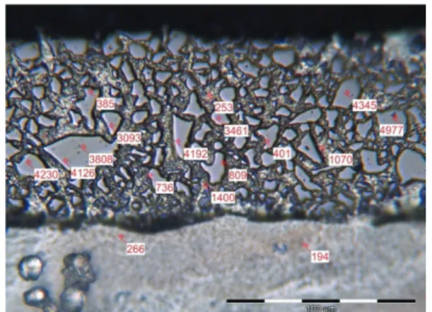 Figure 7 Microhardness (HV 0,025 ) of the structure in the TiC laser  cladded layer 
