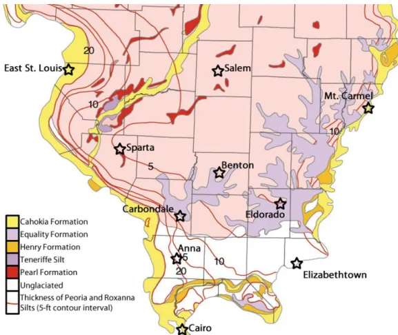 Figure B.1: Location of sites in southern Illinois overlaid on the Quaternary (ice age) deposits  map for the region (ISGS, 2005)