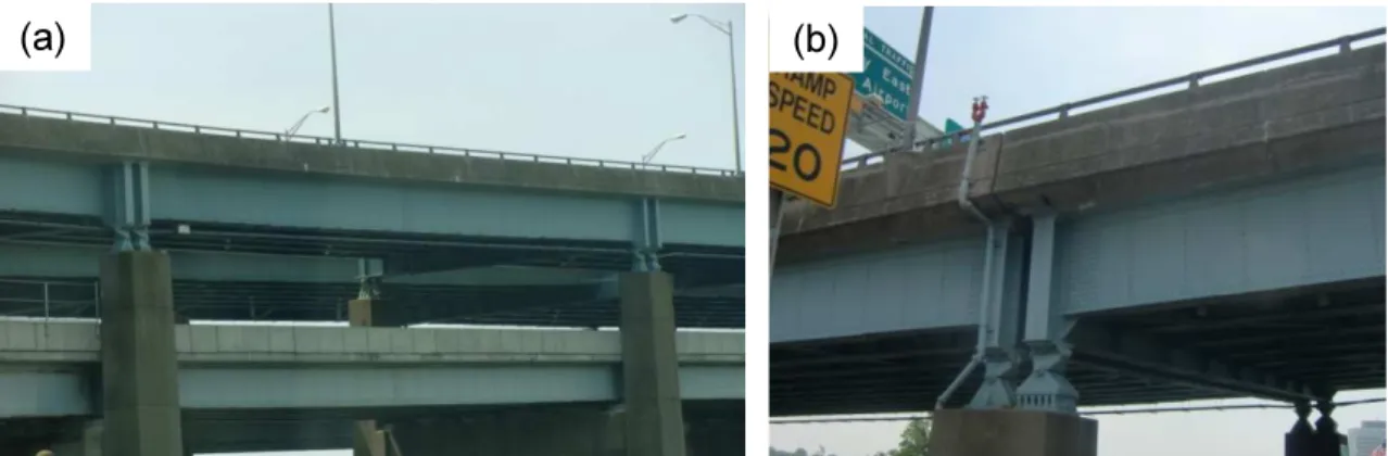 Figure 1. Typical simply supported steel girder bridge (approaches to the Verazzano  Narrows Bridge, USA): (a) general view, (b) detail of the bearings