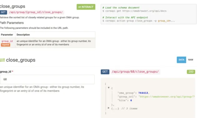 Figure 1. Showcase of the OMA REST API documentation page, with an example of the interactive query and  response.
