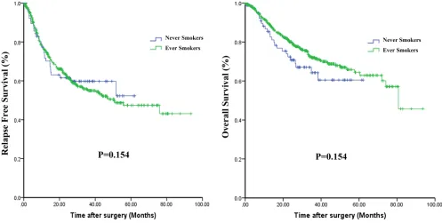 Figure 2: Kaplan-Meier curves comparing relapse-free survival (A) and overall survival (B) among never-smokers and ever-smokers.