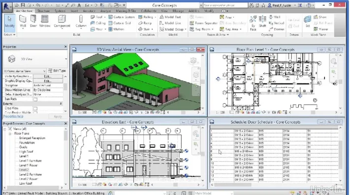Figure 9. Screenshot demonstrating features of Autodesk's BIM design program REVIT. Source: LinkedInLearning  (formerly Lynda), “Introducing building information modeling (BIM): Revit Architecture 2016 Essential Training,” 