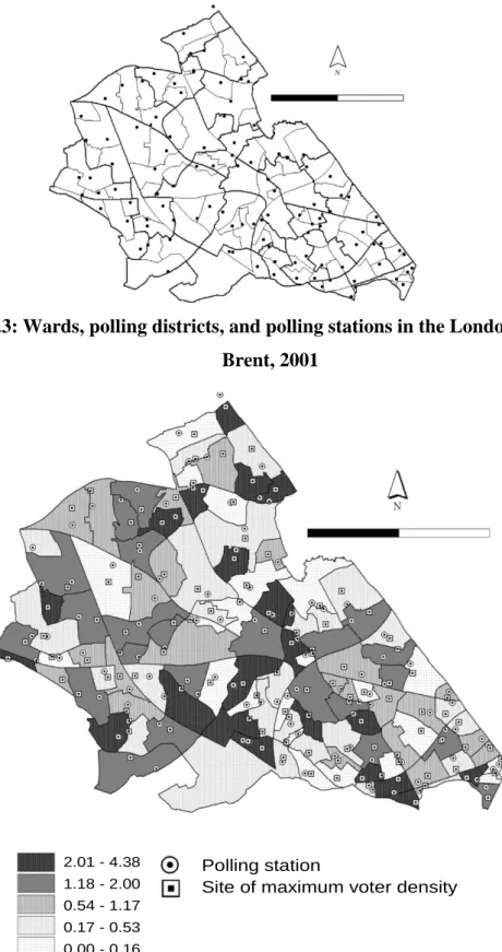 Figure  ‎ 5.3: Wards, polling districts, and polling stations in the London Borough of  Brent, 2001 