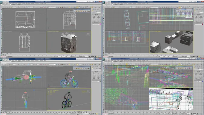 Figure 3  Screenshots  of  the  creation  of  the  visualisation  tool  using  Studio  3D  Max  software  application  to  create  individual  models  (top  left),  to  combine  models  (top  right),  to  create  a  cyclist  model and animate it (bottom le
