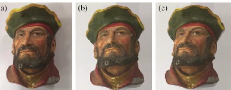 Fig. 3.3 (a) Hand-painted pirate head Bossons plaster model. (b) The virtual pirate head ren- ren-dered at the same pose