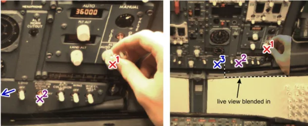Figure 4.2: View for local and remote user. The remote user’s viewpoint (b) is frozen, but the live video frame is — correctly registered with the frozen frame — blended in, such that the remote user can still observe the local user’s actions