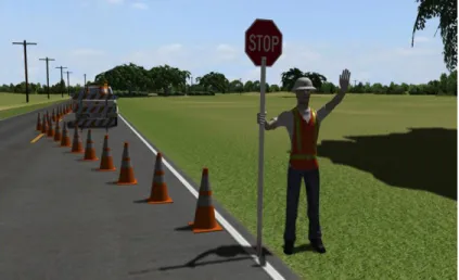 Figure 4.  Flagger in the IVLE displaying the appropriate stop position at the beginning of the  work zone cone taper 