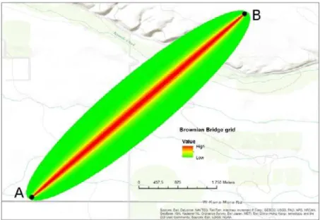 Figure 2. An example of a 0.99 probability surface generated between two points using  Brownian bridges