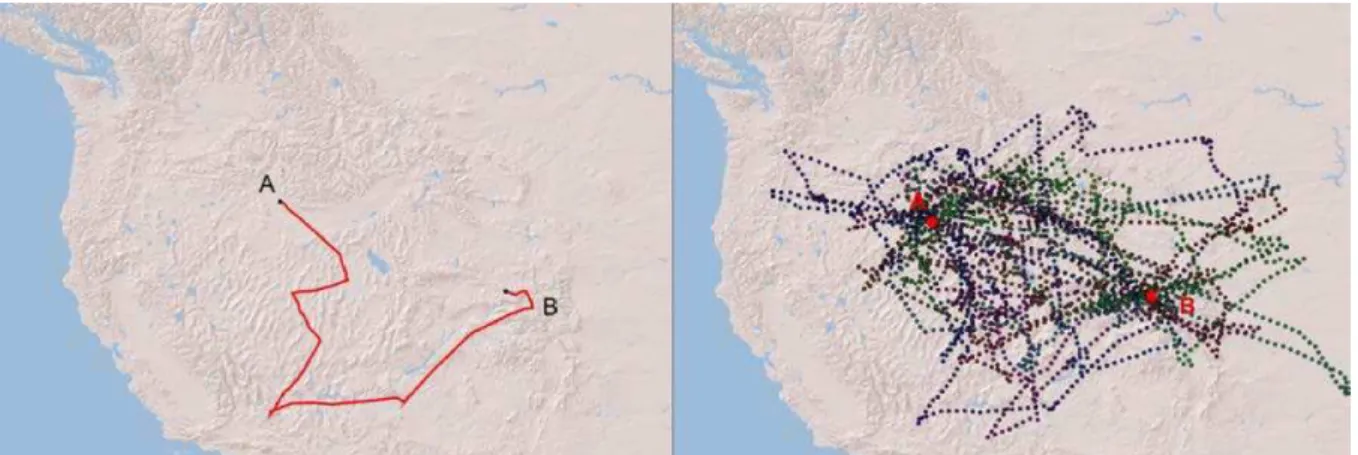 Figure  4  depicts  the  result  of  generating  a  single  trajectory  (left)  and  50  random  trajectories (right), respectively, from origin A to destination B, given a speed of 4.9 km/h and  an available time of 26 days, 1 h and 10 