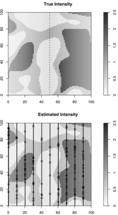 Figure 1. Example simulated intensity surface (top) and es- es-timated (bottom) surface with habitat and river feature and K = 10, ¯ g = 0.25, P = 4%, and E(n) = 75.