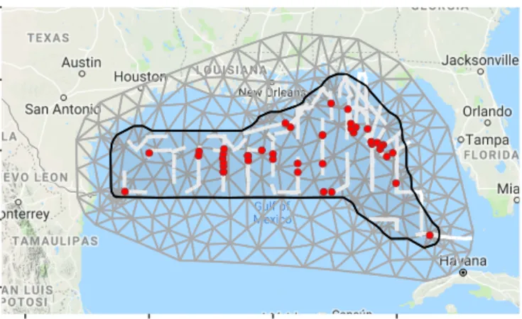 Figure 1: Pantropical dolphin survey data plotted using ggmap and the gm method. Grey triangles show the inla.mesh object