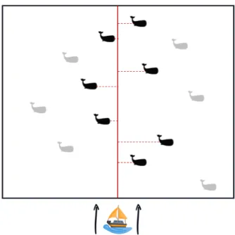 Figure 1.3: Example of distance sampling performed in a line transect survey of a certain whale species: a single observer or a team of observers sail in a specified line transect (centred red line) and record the distances (perpendicular red dashed lines)