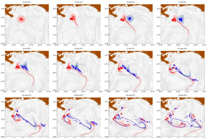 Figure 1-8: Sequence of selected snapshots of the evolution of fluid patches as advected by the altimetry-derived velocity field (4) (red and blue areas) and corresponding centerpieces or attracting LCS obtained as the advected images of forward stretchlin