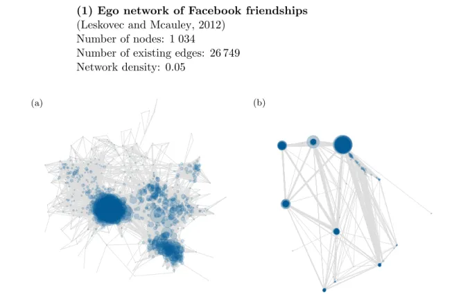 Figure 1.2: Facebook network using the force-directed layout algorithm by Fruchterman and Reingold (1991) (a) and the ‘Distributed recursive (Graph) Layout’ (b).