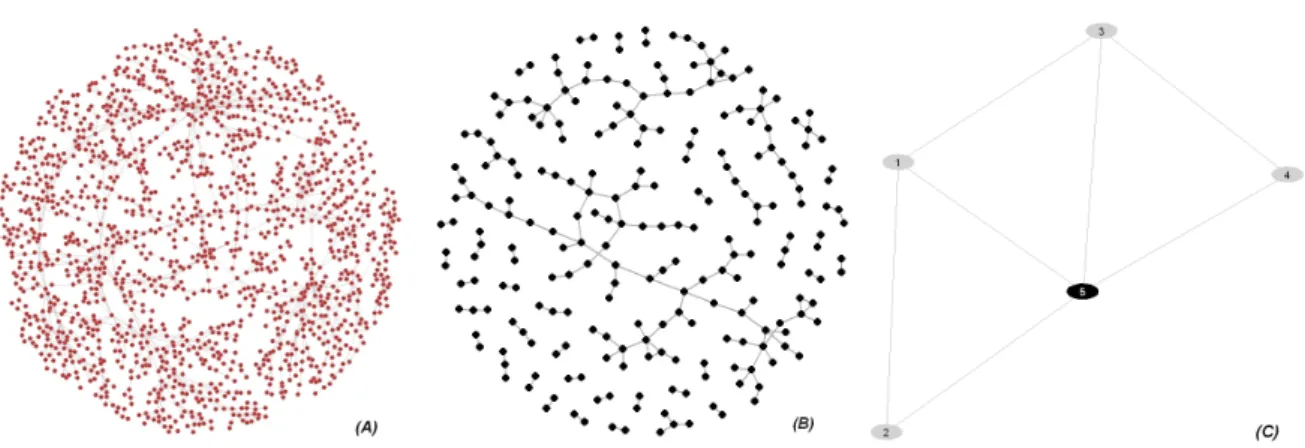 Figure 1: Three inferred networks: (A) Periodontitis data (example 1); (B) HapMap data (example 2); (C) Iris data (example 3).