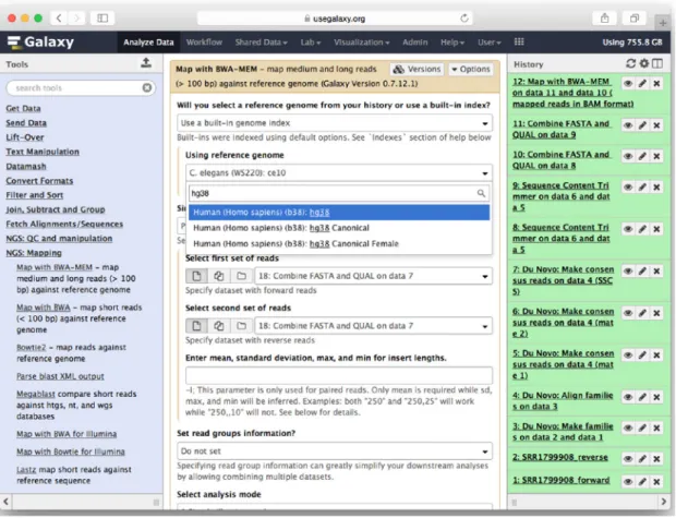 Figure 3.3: Galaxy main windows, divided into three panels: (left) available tools grouped into categories; (middle) fill the parameters of the selected tool or to inspect
