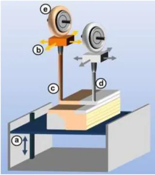 Figure 1.2. Schematic of a fused deposition modeling printer. 37  The components are (a)  the  build  platform,  (b)  the  print  head  where  feedstock  is  heated  and  extruded  from  a  nozzle,  (c)  one  type of  feedstock,  (d)  another  type  of fee