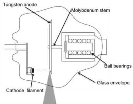 Figure 2.2. Schematics of a rotating anode X-ray tube. The housing is not shown. Adapted  from reference 12