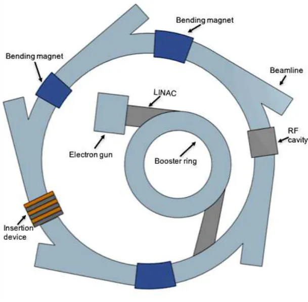 Figure 2.3. A schematic of a synchrotron and its basic components. 