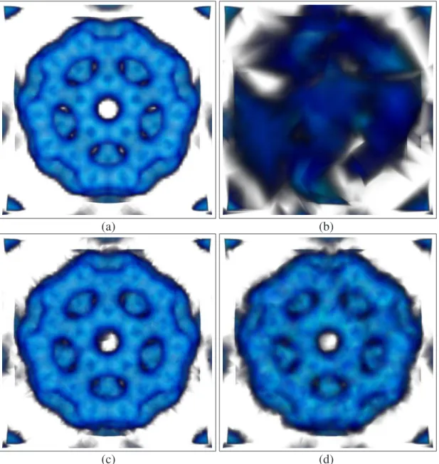 Figure 3.5: Rendered images of the Bucky dataset. a) finest, b) coarsest, c) selectively- selectively-refined, d) non-selectively refined