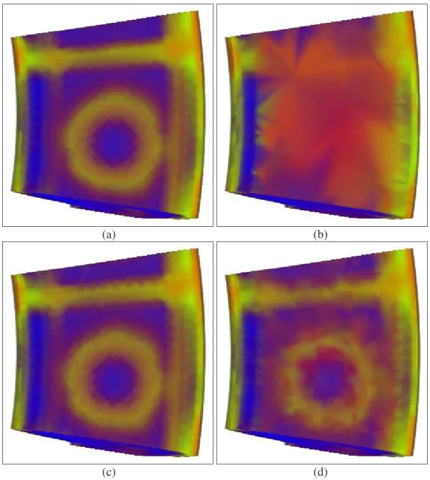 Figure 3.6: Rendered images of the Comb dataset. a) finest, b) coarsest, c) selectively- selectively-refined, d) non-selectively refined