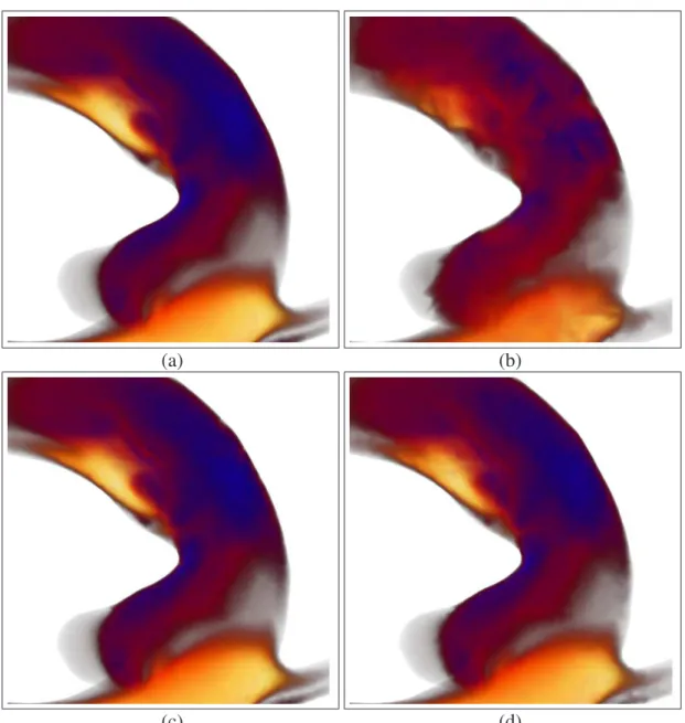 Figure 3.8: Rendered images of the Aorta dataset. a) finest, b) coarsest, c) selectively- selectively-refined, d) non-selectively refined