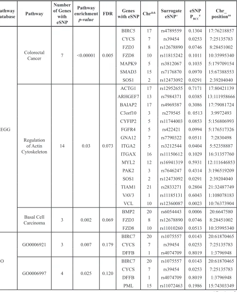 Table 4: Genes and eSNPs in significant pathways identified in main analysis&