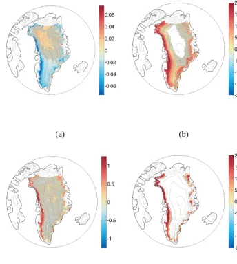 Figure 2. Maps of JJA trends (per decade) from 1996 to 2012, when darkening began to occur, for (a) space-borne-estimated GLASS albedo,(b) number of days when MAR-simulated surface air temperature exceeded 0 ◦C, (c) MAR-simulated surface grain size, and (d