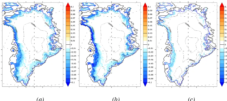 Figure 6.Figure 6  Maps of MAR-simulated albedo trends between 1996 and 2012 using (a) the original MAR albedo scheme and (b) the perturbatedMAR outputs in which daily albedo is artiﬁcially decreased by 0.1 from the MAR-computed value for those regions whe