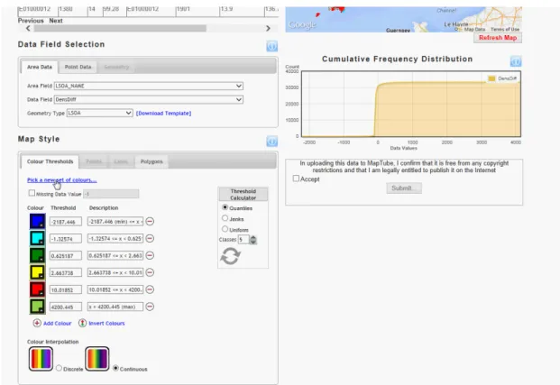Figure 4.11: Choosing the data field to map, the colour scale and breaks type (quantiles, Jenks or uni- uni-form)