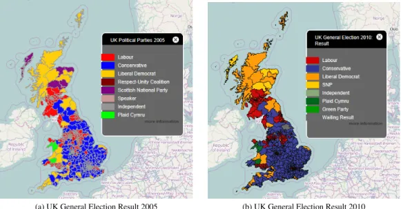 Figure 2.1: Two choropleth maps of the UK general election. The 2015 and 2017 results could be added to this sequence.