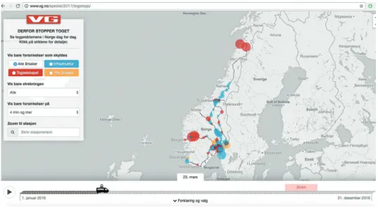 Figure 1.  Derfor stopper toget [That’s why the train is delayed]. Data visualization by  Verdens Gang
