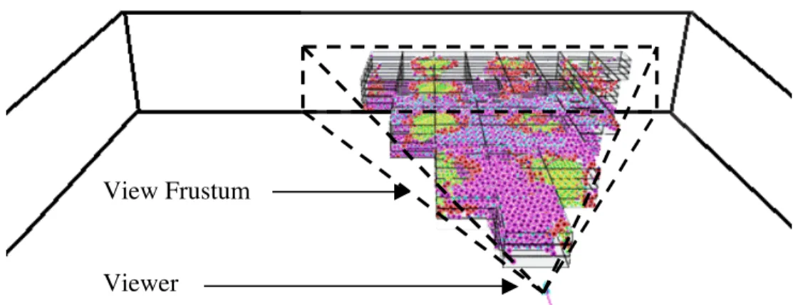 Figure  4.   Illustration of Octree based visibility culling.   About two hundred octree leaves remain in the final frustum that goes through graphics rendering pipeline