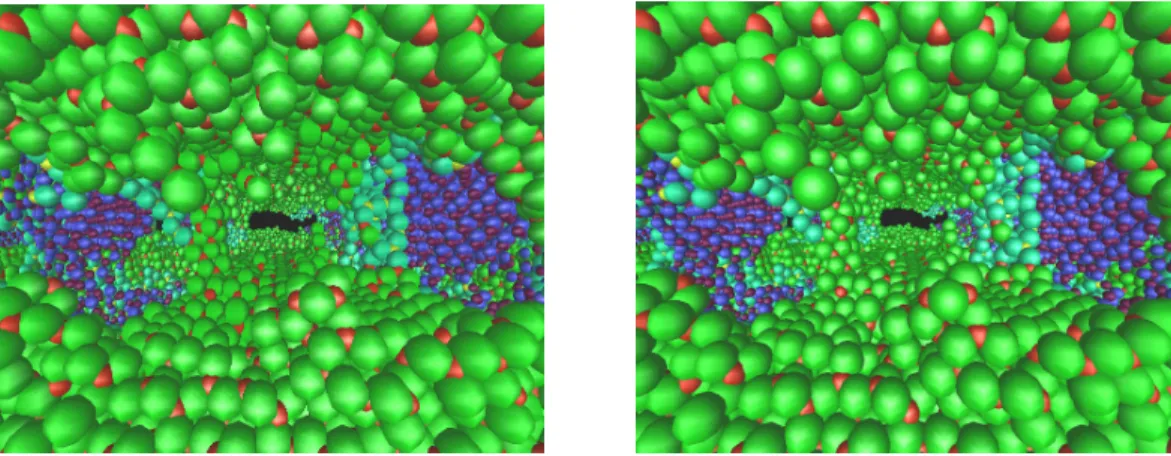 Figure 6.  An illustration of the multiresolution algorithm.  The image on the left uses the same resolution to draw all constituent atoms while the image on the right uses five different resolutions