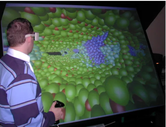 Figure 1.   A researcher investigating a ceramic fiber-composite material, rendered in an immersive virtual environment.
