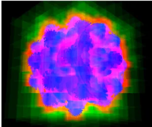 Figure 6: Ray-guided volume rendering [FSK13] of the Mandelbulb data set. Colors indicate the amount of empty space skipping and sampling that needs to be performed (green: skipped empty brick, red: densely sampled brick, blue: densely sampled but quickly 